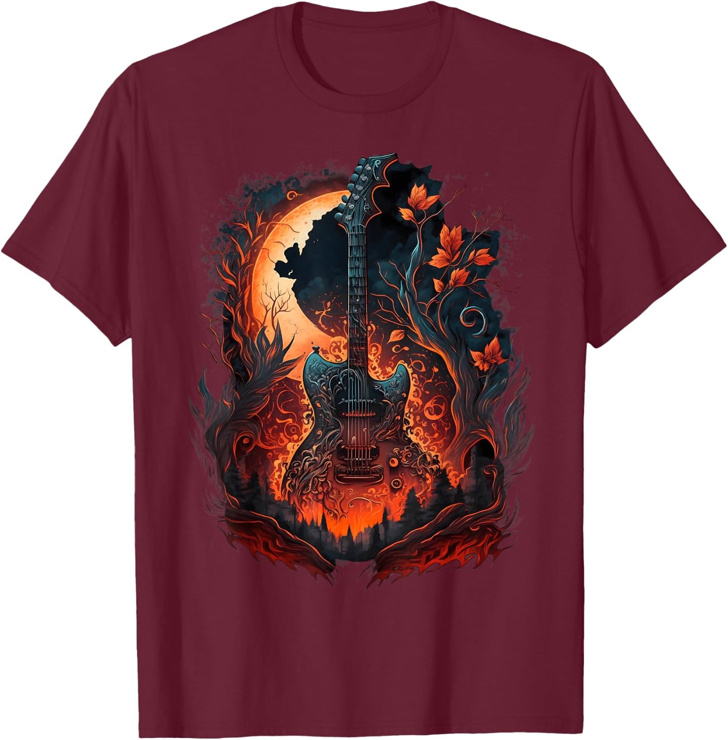 Flaming Electric Guitar in Burning Nature with Flames T-Shirt - T-Shirt | Maroon