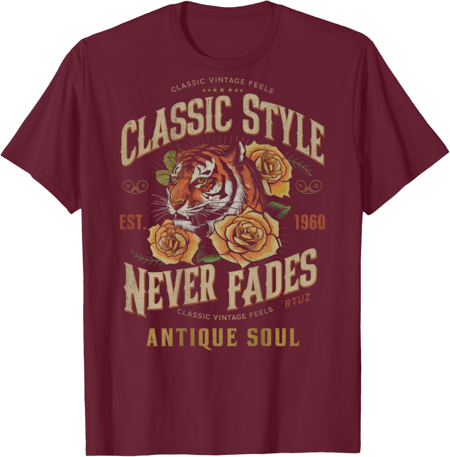 Hip Hop Vintage Retro Urban Y2K Back Print Streetwear Tiger T-Shirt - T-Shirt | Maroon
