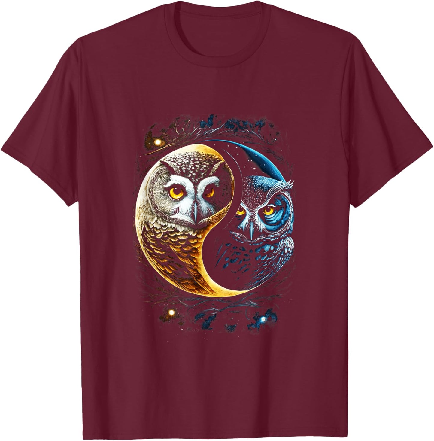 Moon Owl Birds Barn Humorous Yin And Yang Chinese T-Shirt - T-Shirt | Maroon