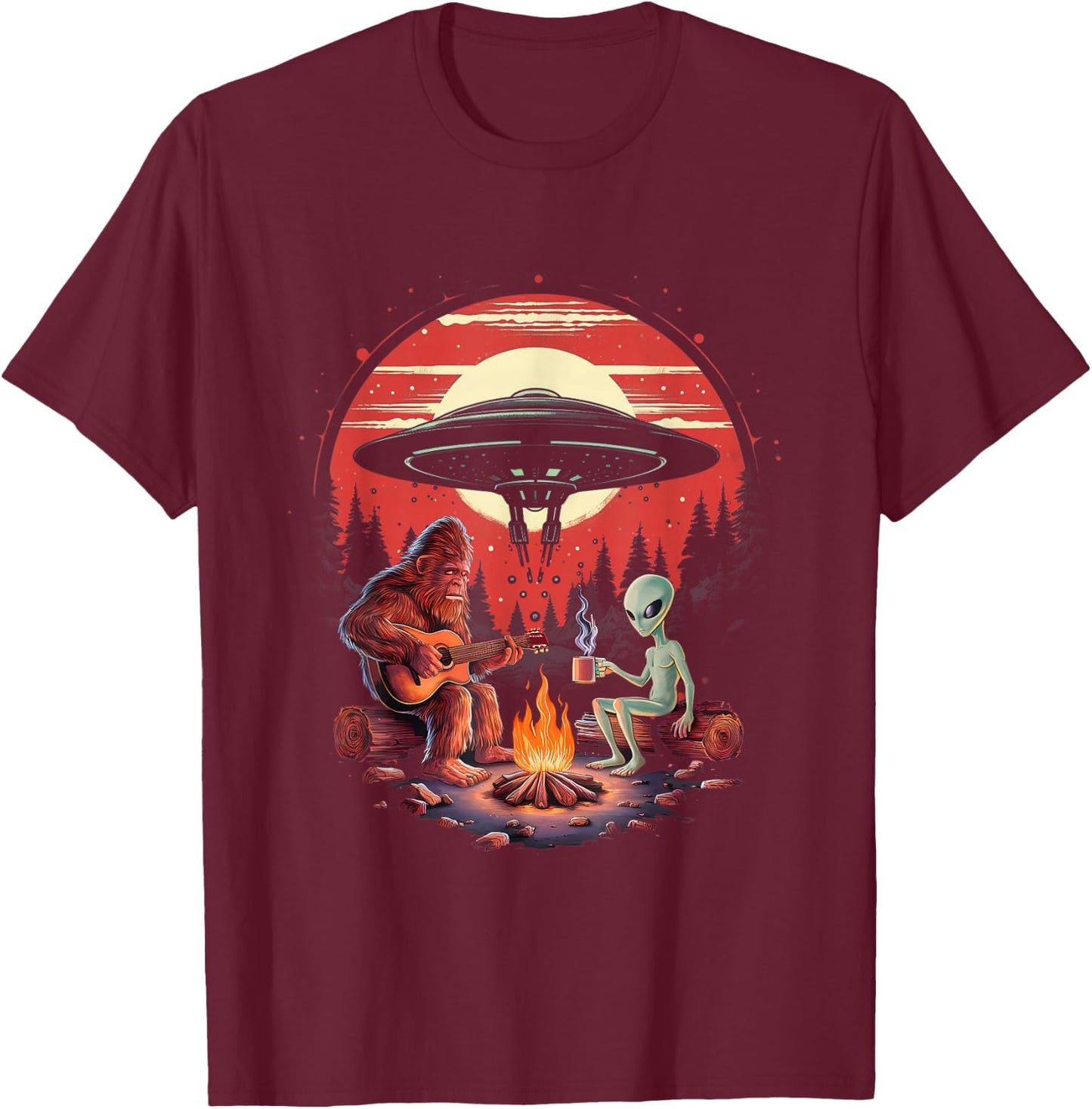 Alien And Bigfoot Campfire Sasquatch UFO For Outdoor Lovers T-Shirt - T-Shirt | Maroon