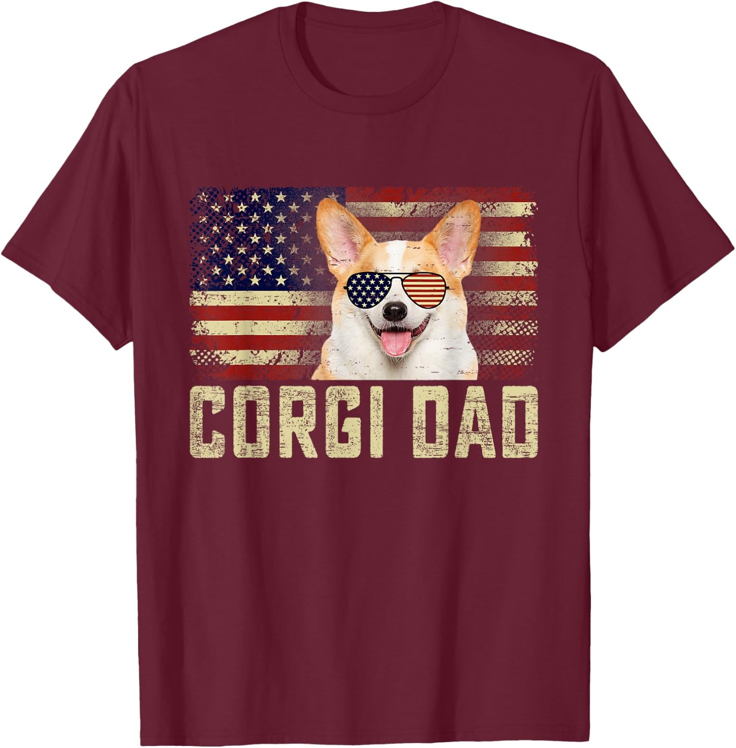 Classic Retro USA Flag Corgi Dad Fathers Day T-Shirt - T-Shirt | Maroon