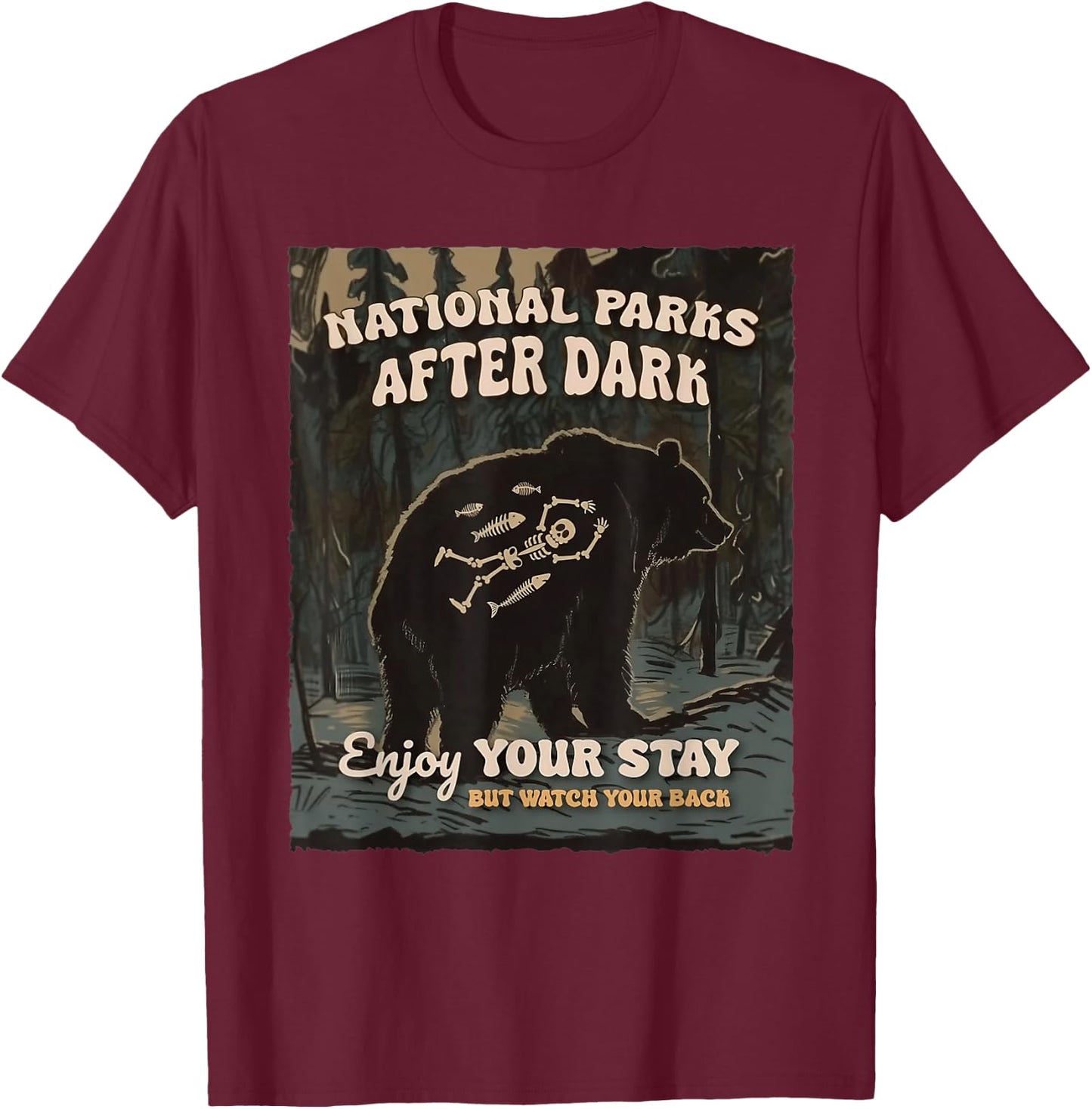 National Park After Dark - Adults - Black - Small - Short Sleeve - - Casual - Camping - Humor Lovers T-Shirt - T-Shirt | Maroon