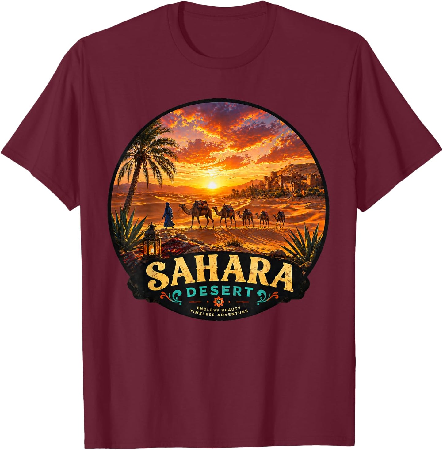 Vintage Sahara Desert Nomad Caravan Art Design T-Shirt - T-Shirt | Maroon