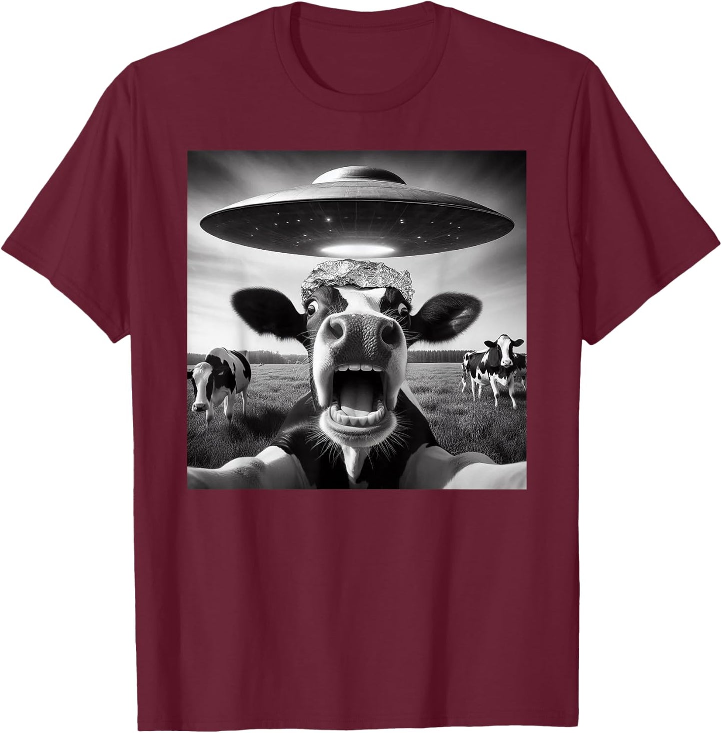 Funny Cow Abduction by UFO Selfie - Hilarious Alien Meme T-Shirt - T-Shirt | Maroon