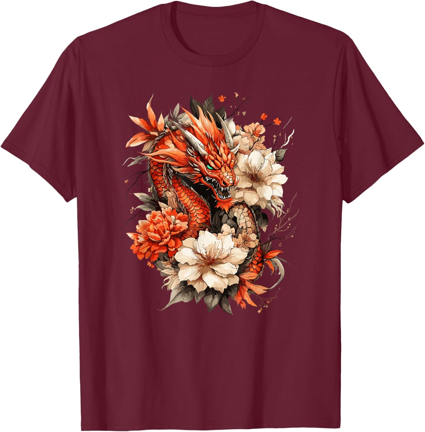Crimson Serpent and Peony Bloom Asian Myth Motif T-Shirt - T-Shirt | Maroon