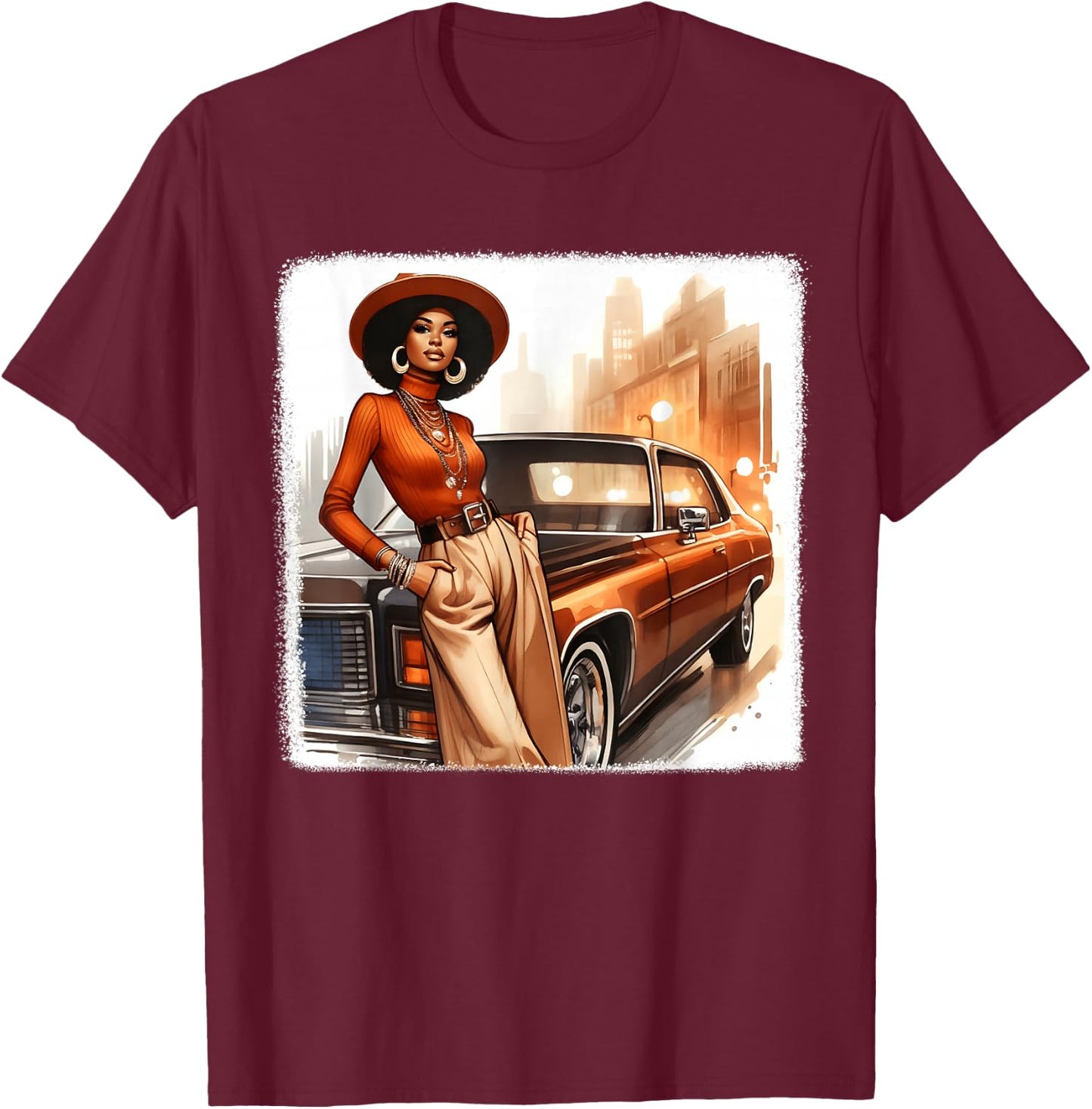 African American 1970s 80s Vintage Vibes Black Girl Old Car T-Shirt - T-Shirt | Maroon
