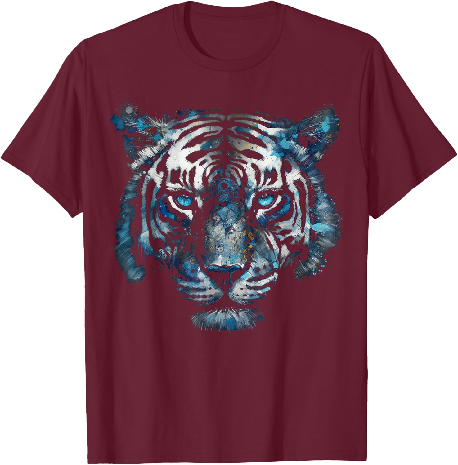 Tiger Artwork - Blue Eyes - Animal Art Tiger T-Shirt - T-Shirt | Maroon