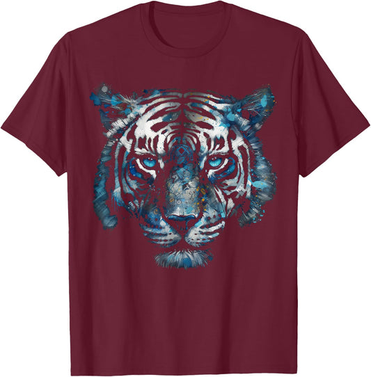 Tiger Artwork - Blue Eyes - Animal Art Tiger T-Shirt - T-Shirt | Maroon
