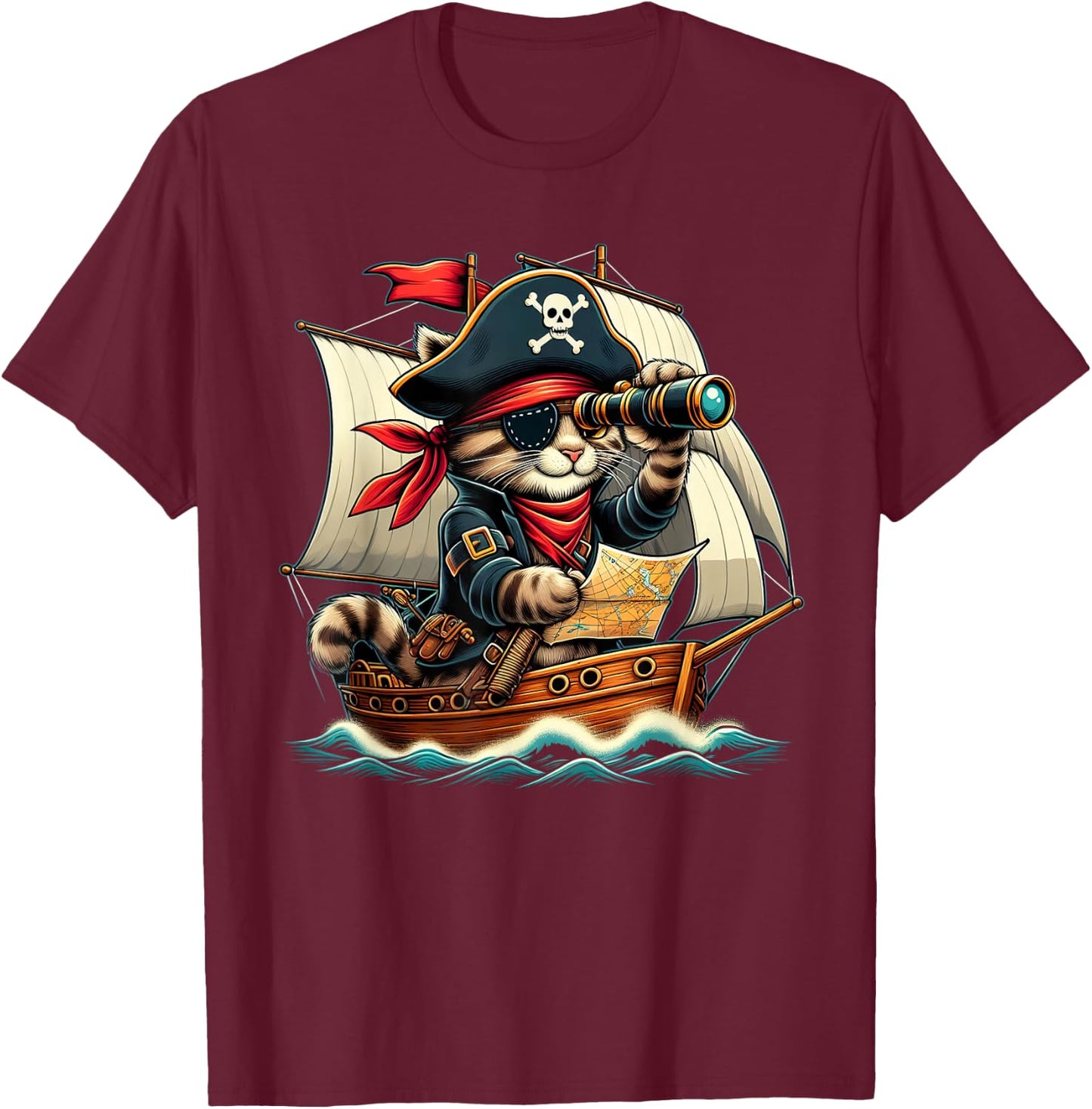 Funny Pirate Cat Adventure Halloween Cat Lover Men Women T-Shirt - T-Shirt | Maroon