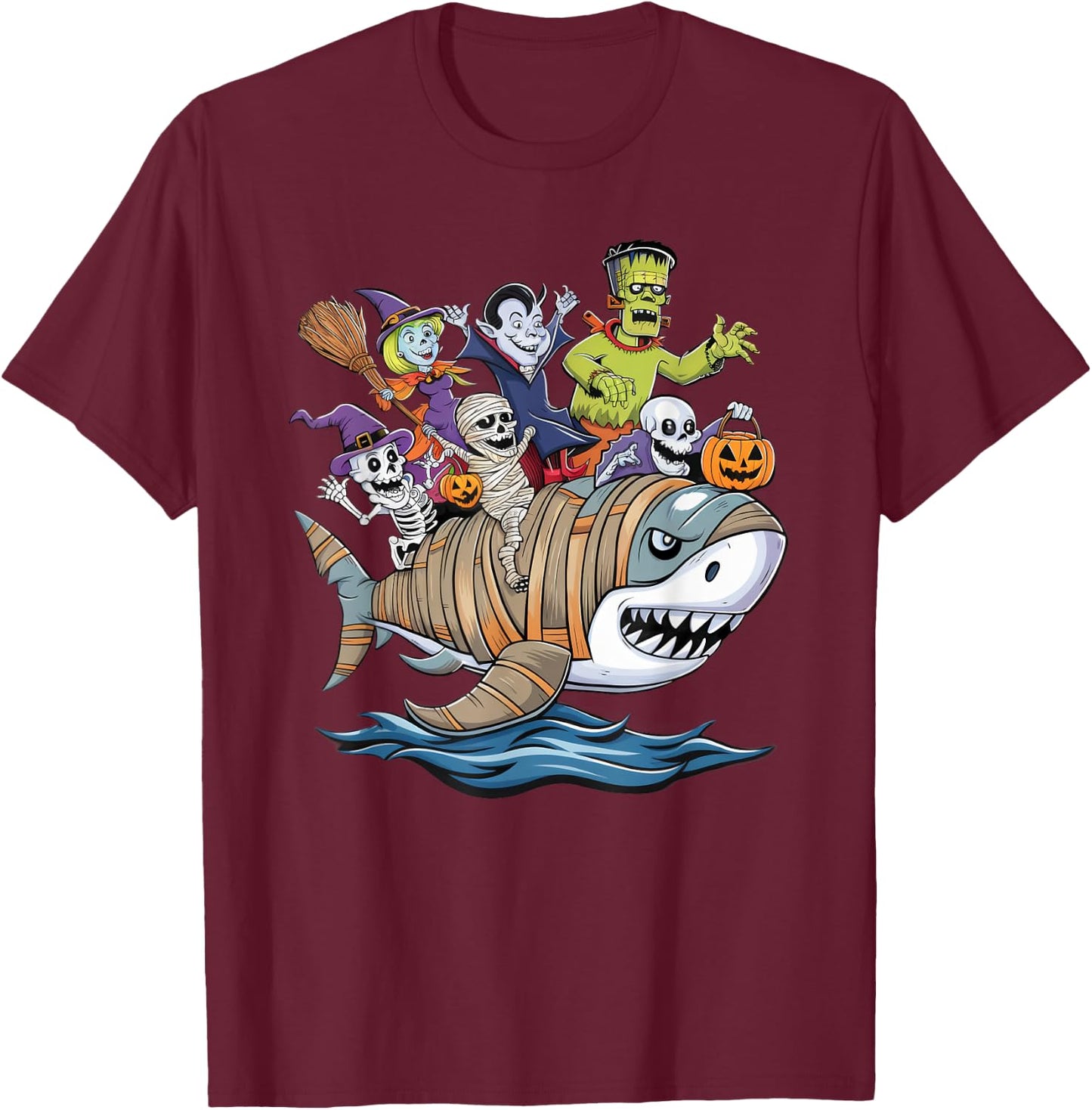 Skeleton Zombie Riding Mummy Shark Funny Halloween Pumpkin T-Shirt - T-Shirt | Maroon