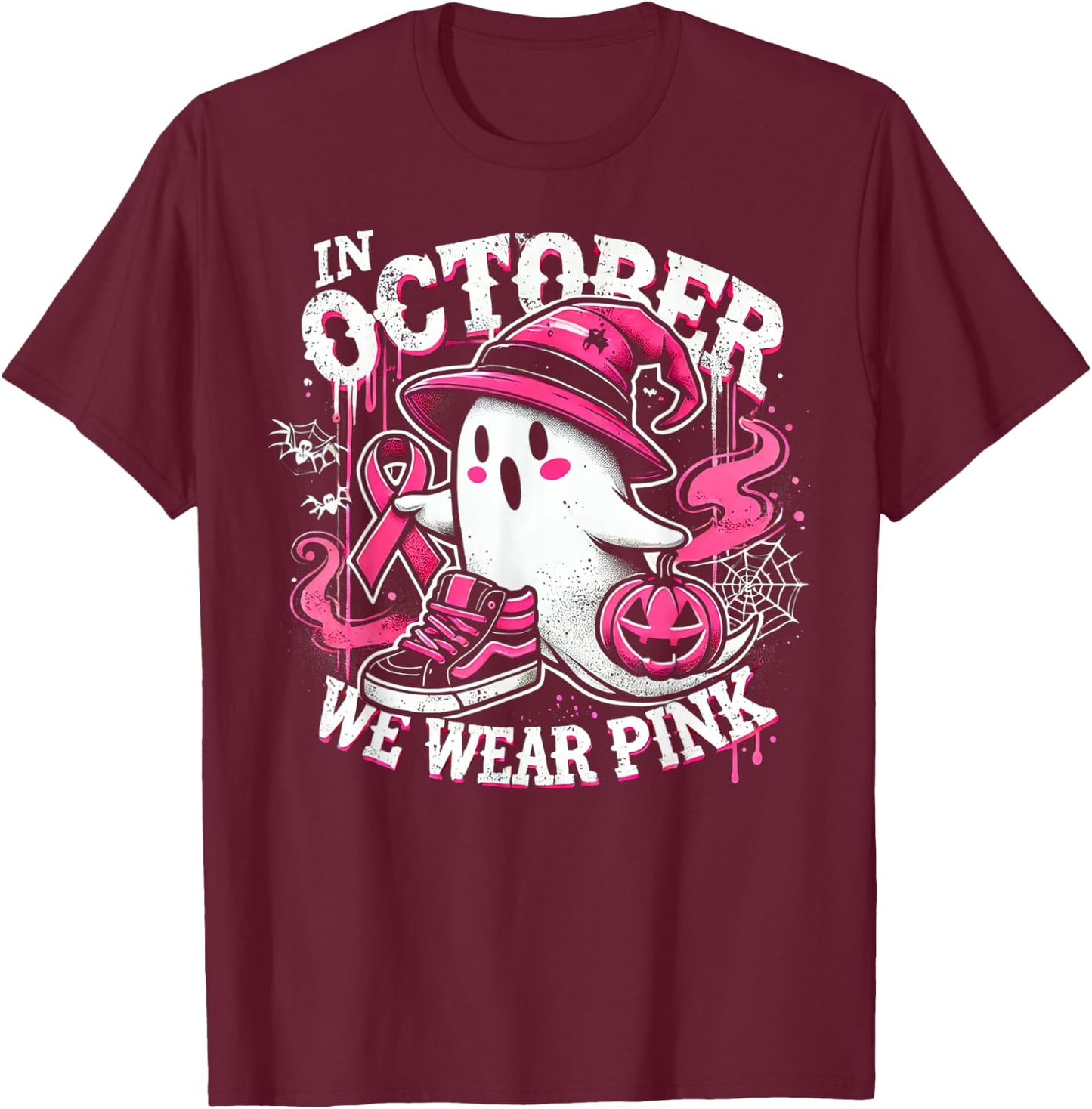 We Wear Pink in october Ghost Breast Cancer Awareness T-Shirt - T-Shirt | Maroon