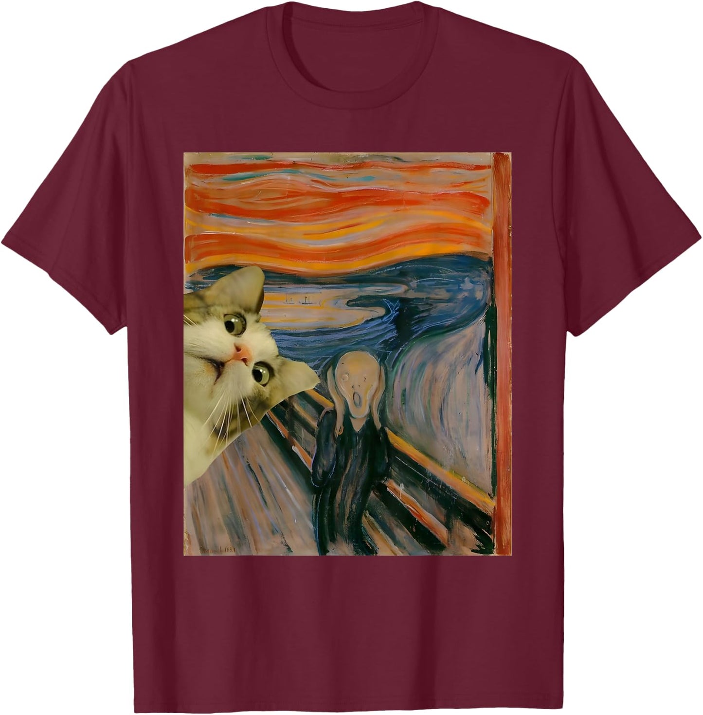 The Scream Cat by Munch Edvard Famous Painting Funny Cat Art T-Shirt - T-Shirt | Maroon