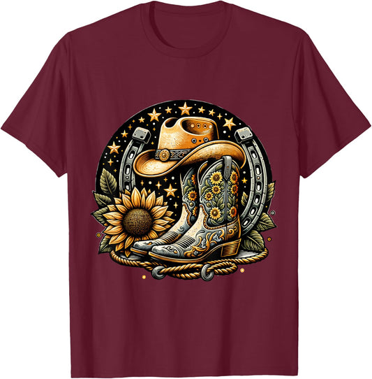Vintage Cowboy Boot Horseshoe SunflowerRetro western Cowgirl T-Shirt - T-Shirt | Maroon