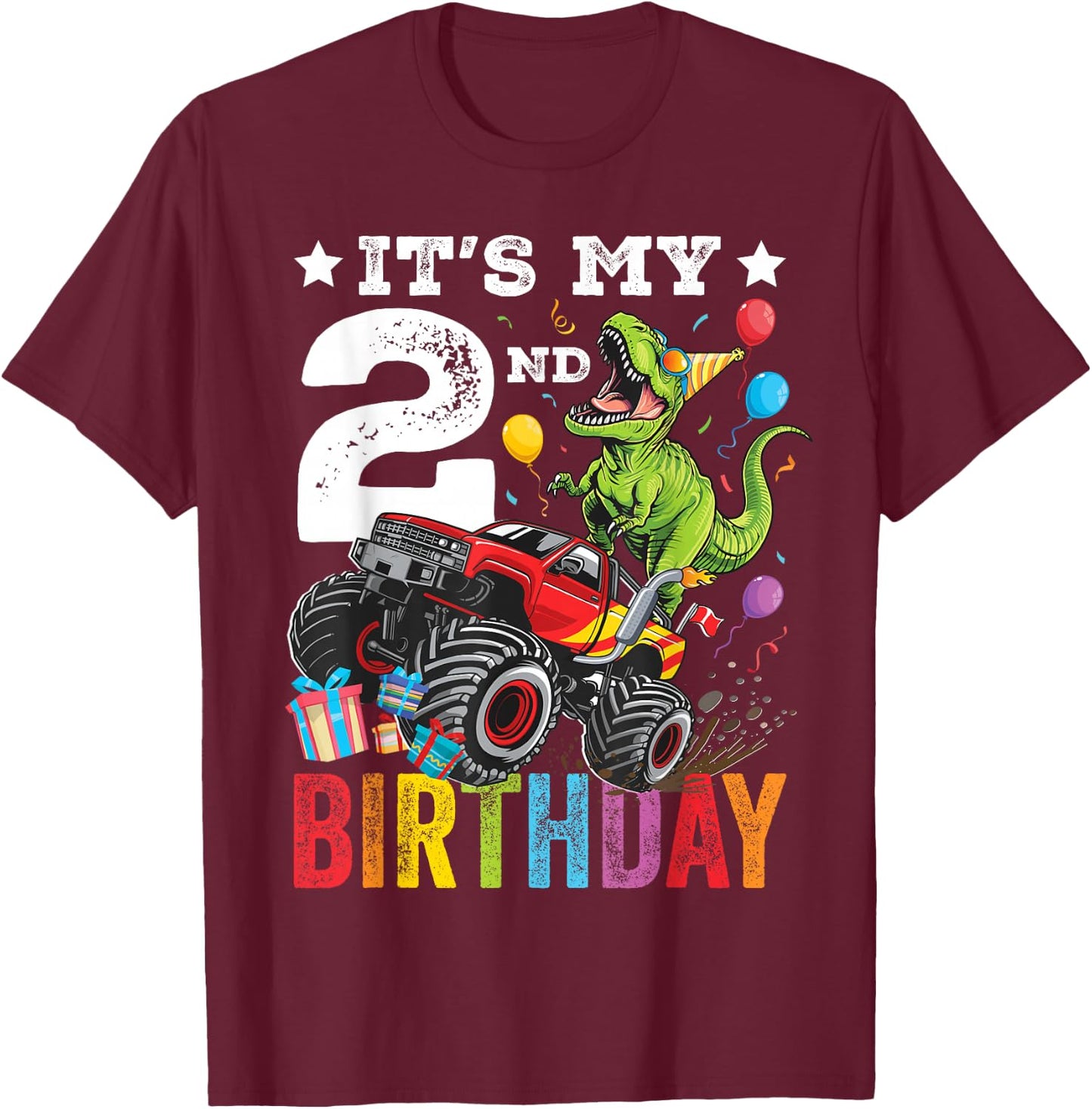 Two 2nd Birthday Dinosaur Monster Truck T-Shirt - T-Shirt | Maroon