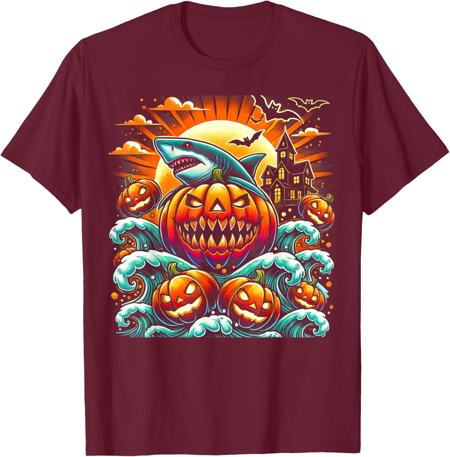 Pumpkin Shark Halloween T-Shirt - T-Shirt | Maroon