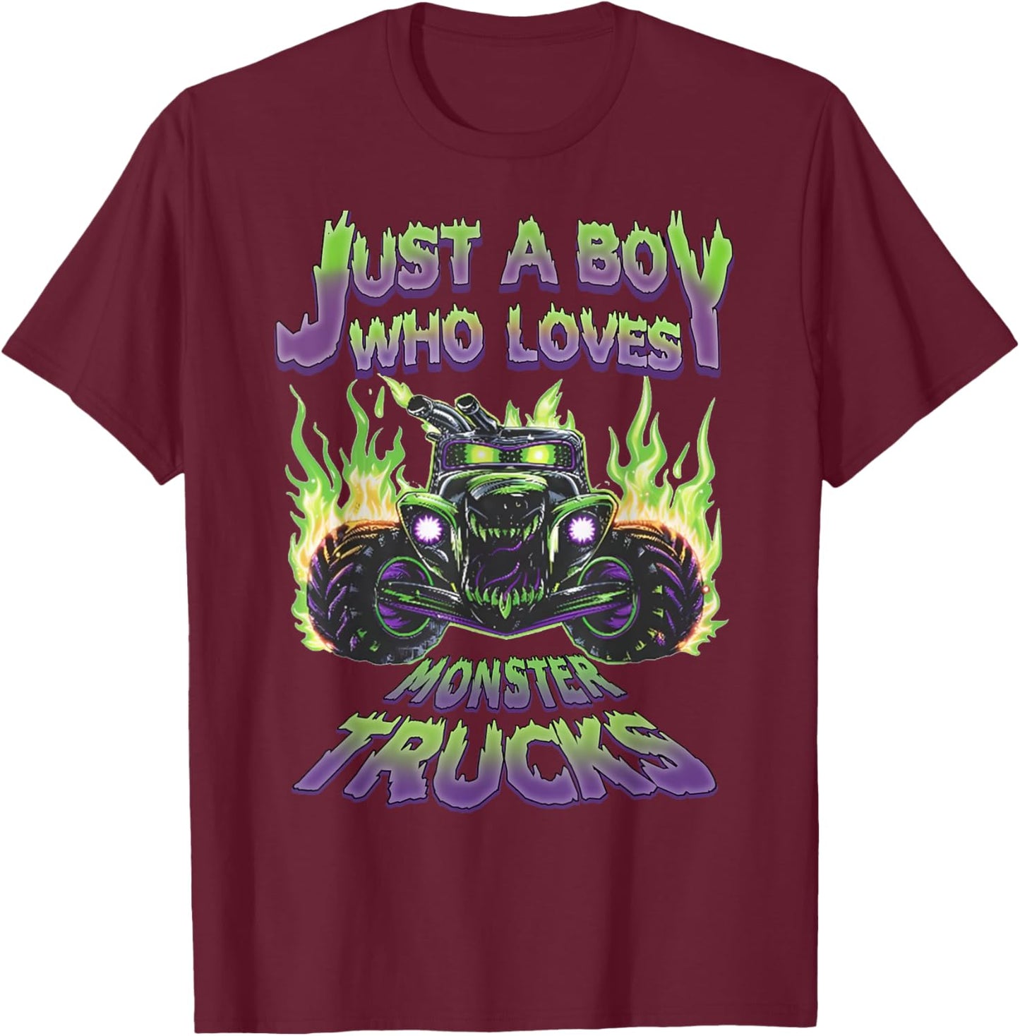 Just A Boy Who Loves Monster Trucks Funny Truck Toddler Kids T-Shirt - T-Shirt | Maroon