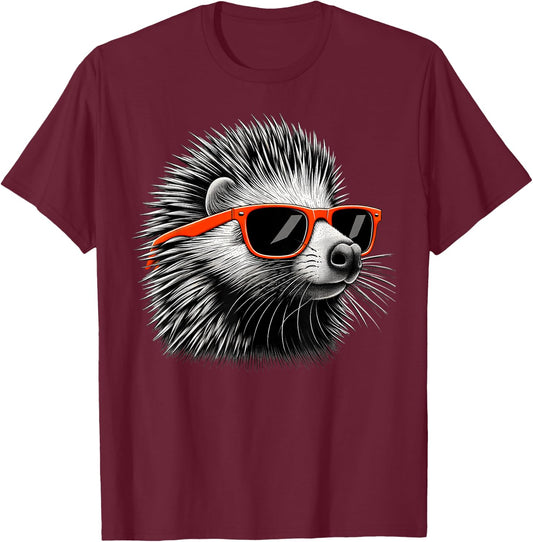 Cool Porcupine Wearing Sunglasses Graphic Art T-Shirt - T-Shirt | Maroon