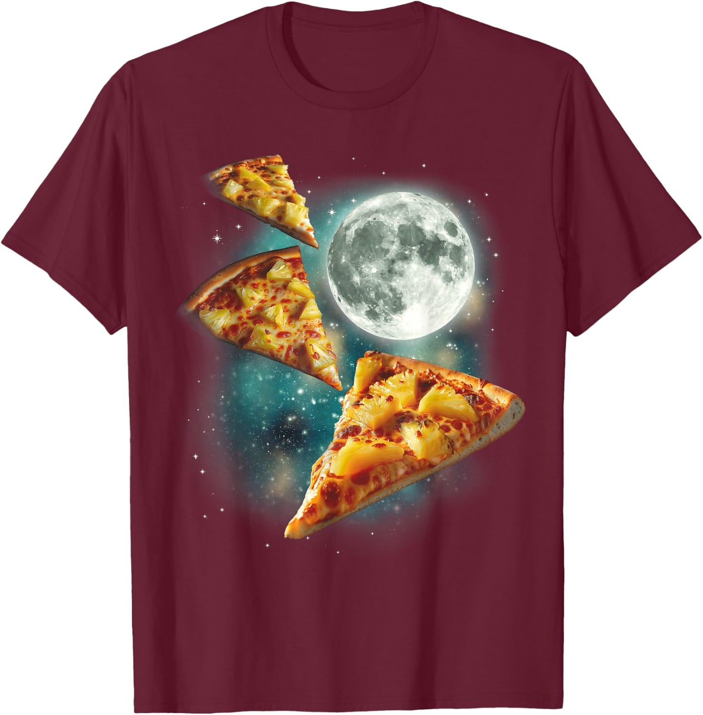 Three Pineapple Pizza Moon | Cursed Funny 3 Pizzas Meme T-Shirt - T-Shirt | Maroon