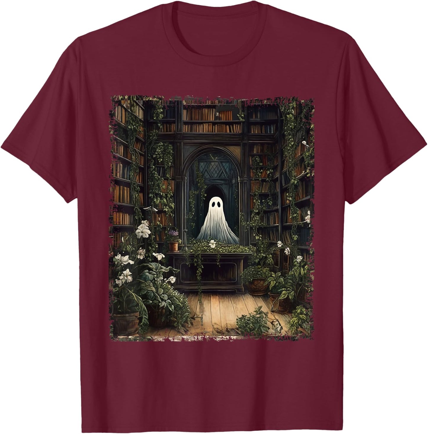 Vintage Halloween Spooky Ghost In The Library Gothic T-Shirt - T-Shirt | Maroon