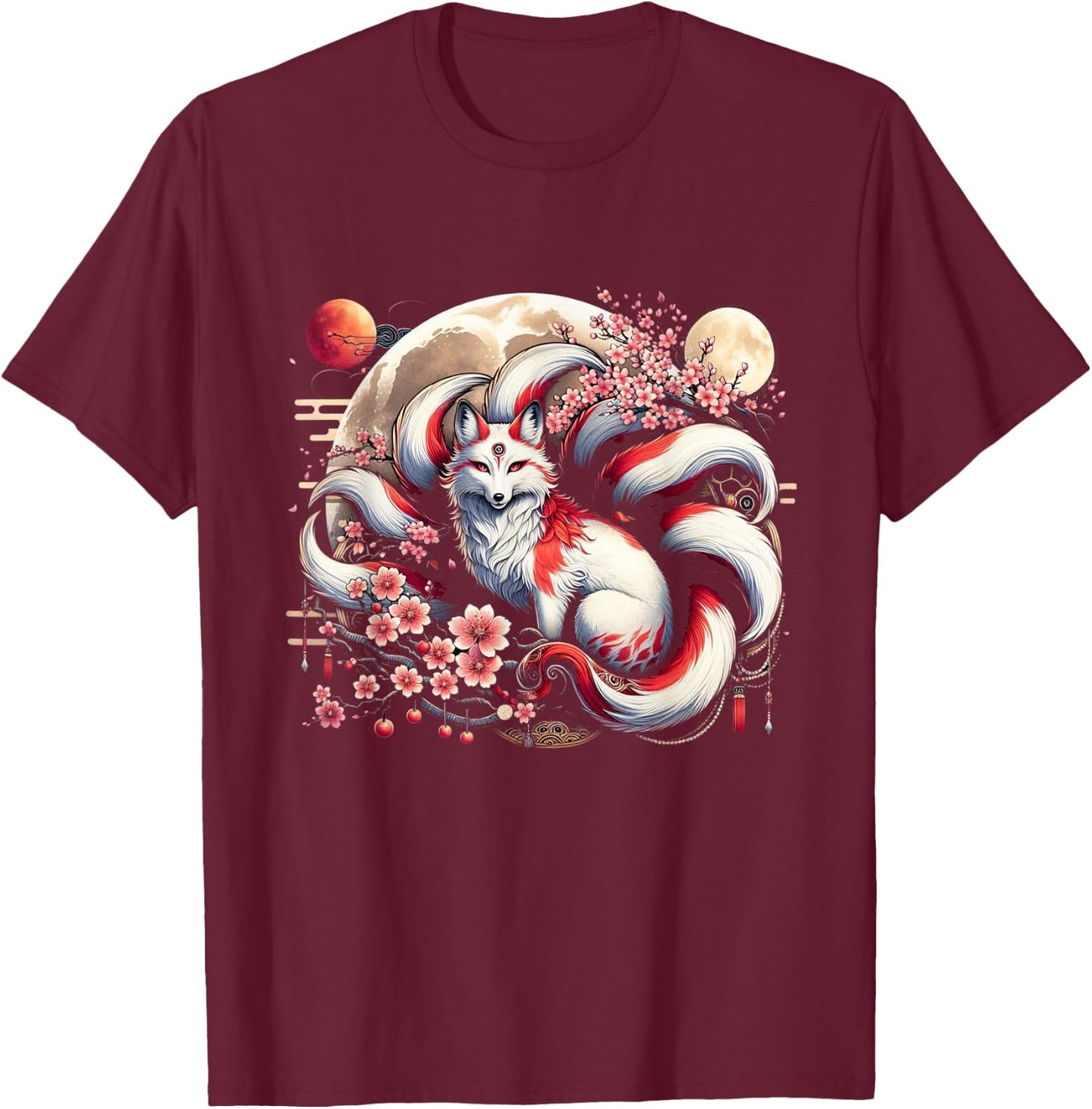Kitsune Japanese Nine-tailed Fox With T-Shirt - T-Shirt | Maroon
