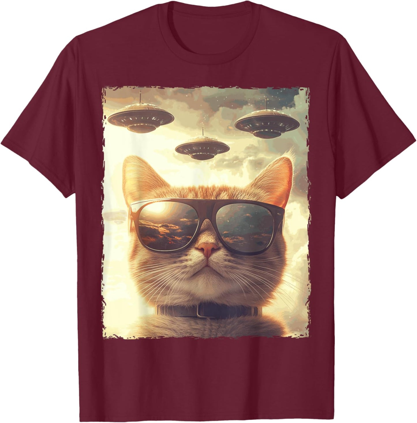 Funny Cat Sunglasses Selfie Ufos T-Shirt - T-Shirt | Maroon