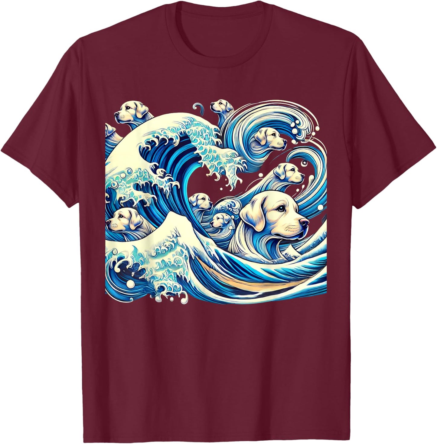 White Labrador Retriever Blue Dogs Wave Lab Puppy Japan Art T-Shirt - T-Shirt | Maroon