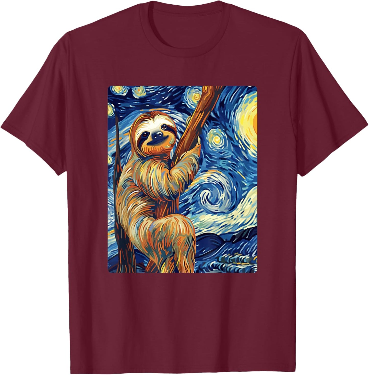 Starry Night Sloth T-Shirt - T-Shirt | Maroon