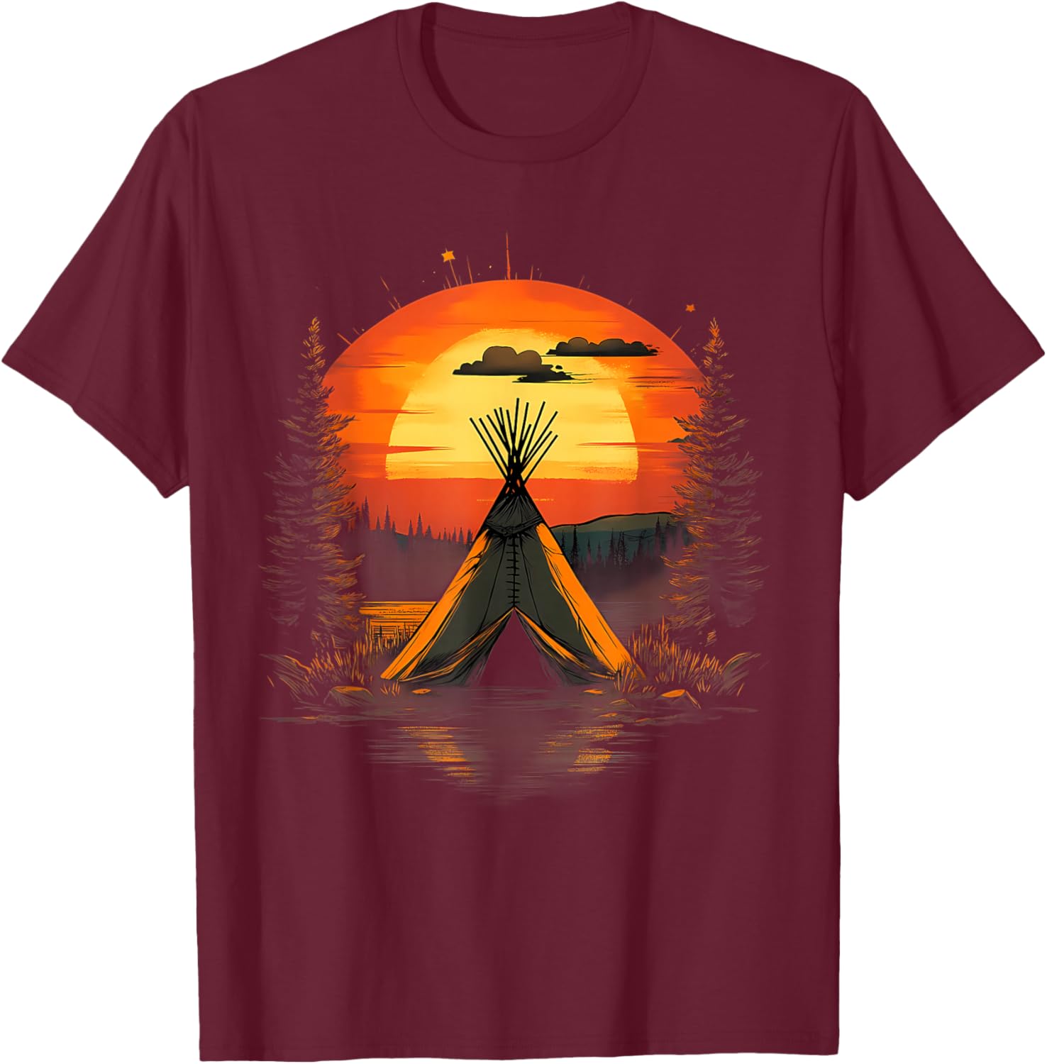 Native American Indian Tribe Landscape Sunset Tipi Tent T-Shirt - T-Shirt | Maroon