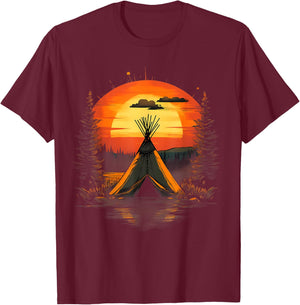 Native American Indian Tribe Landscape Sunset Tipi Tent T-Shirt - T-Shirt | Maroon
