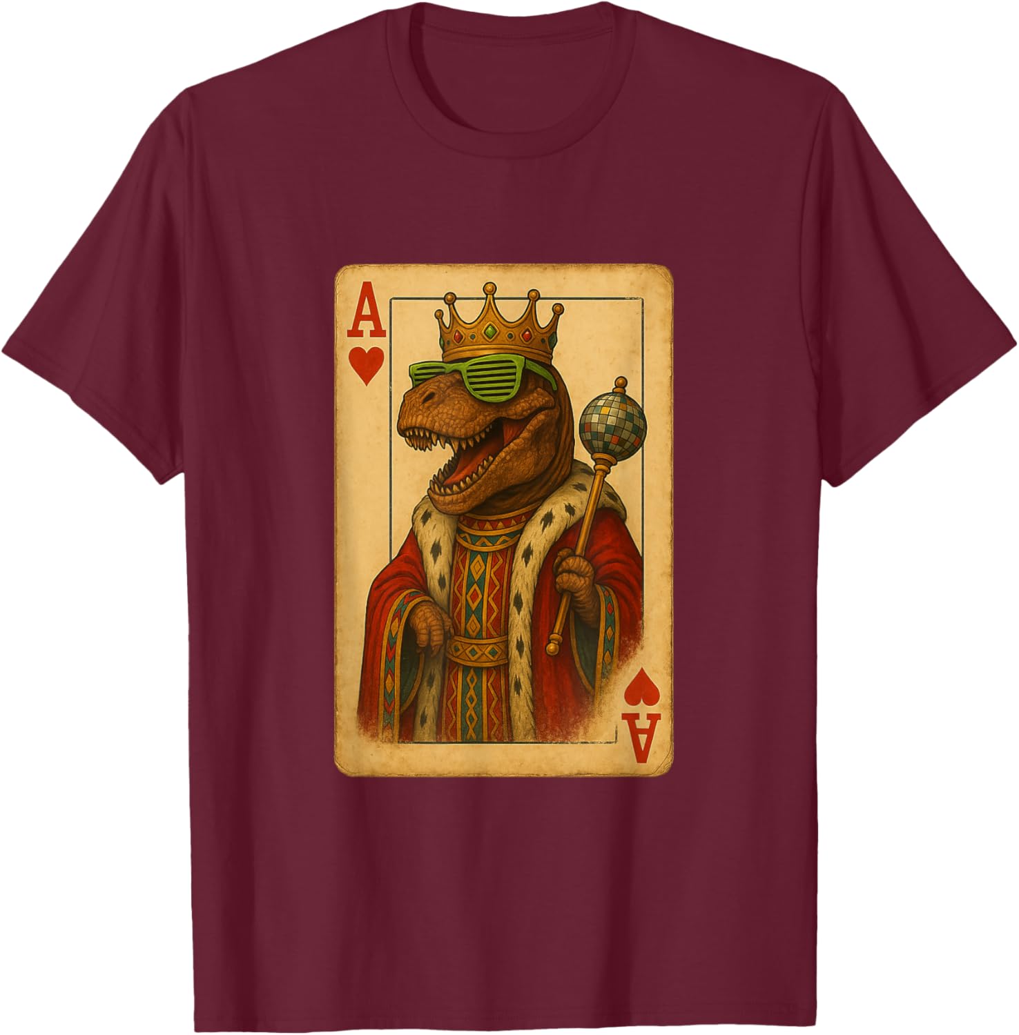 Tyrannosaurus Disco Ace Hearts Playing Card King Dinosaur T-Shirt - T-Shirt | Maroon