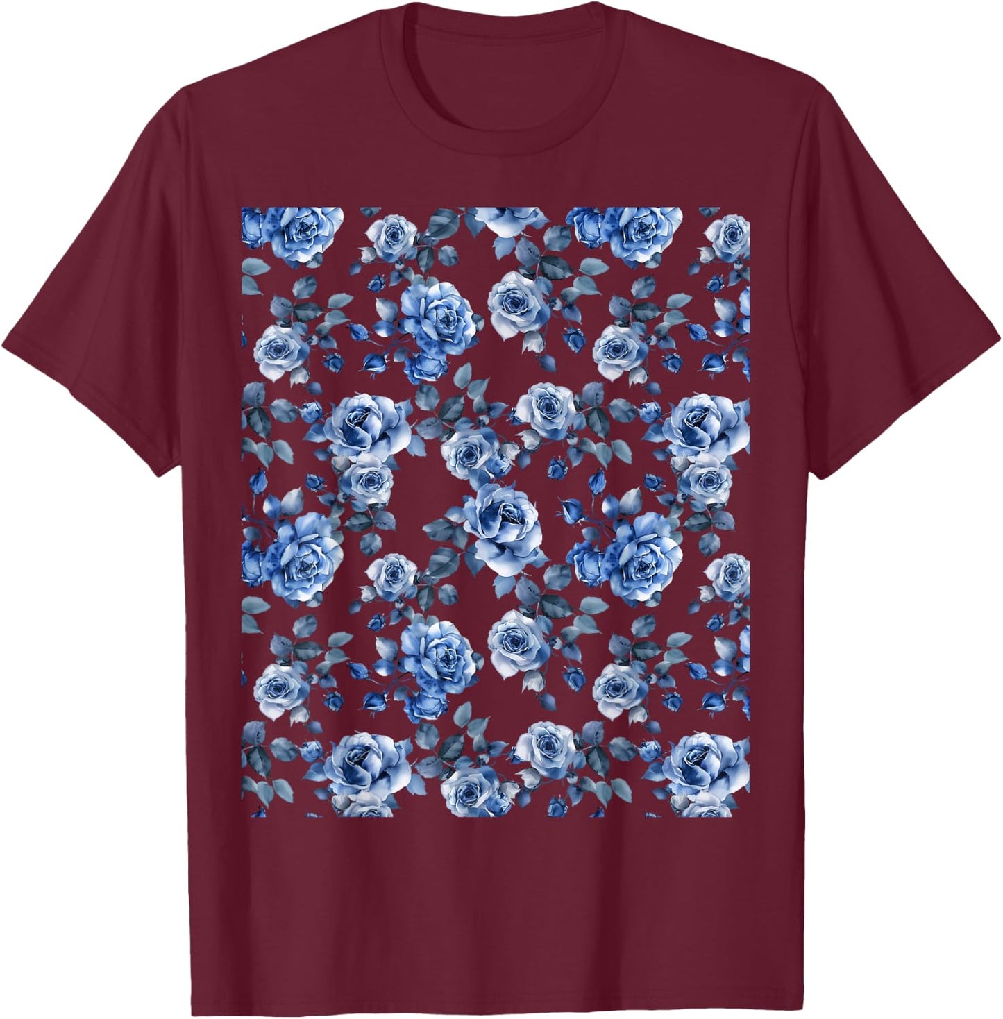 Blue and White Rose Flower Design T-Shirt - T-Shirt | Maroon