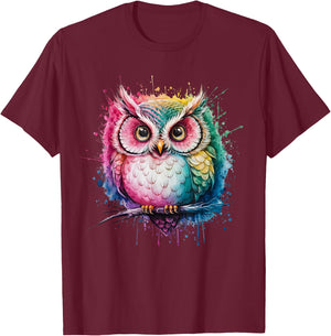 Owl Men Woman Colorful Watercolor Owl T-Shirt - T-Shirt | Maroon