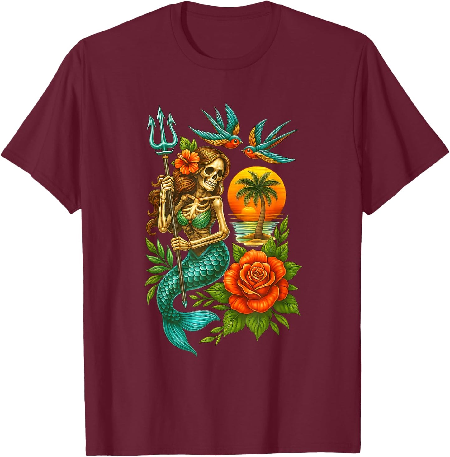 Mermaid Skeleton Traditional Tattoo OldSchool Tattoo Flash T-Shirt - T-Shirt | Maroon