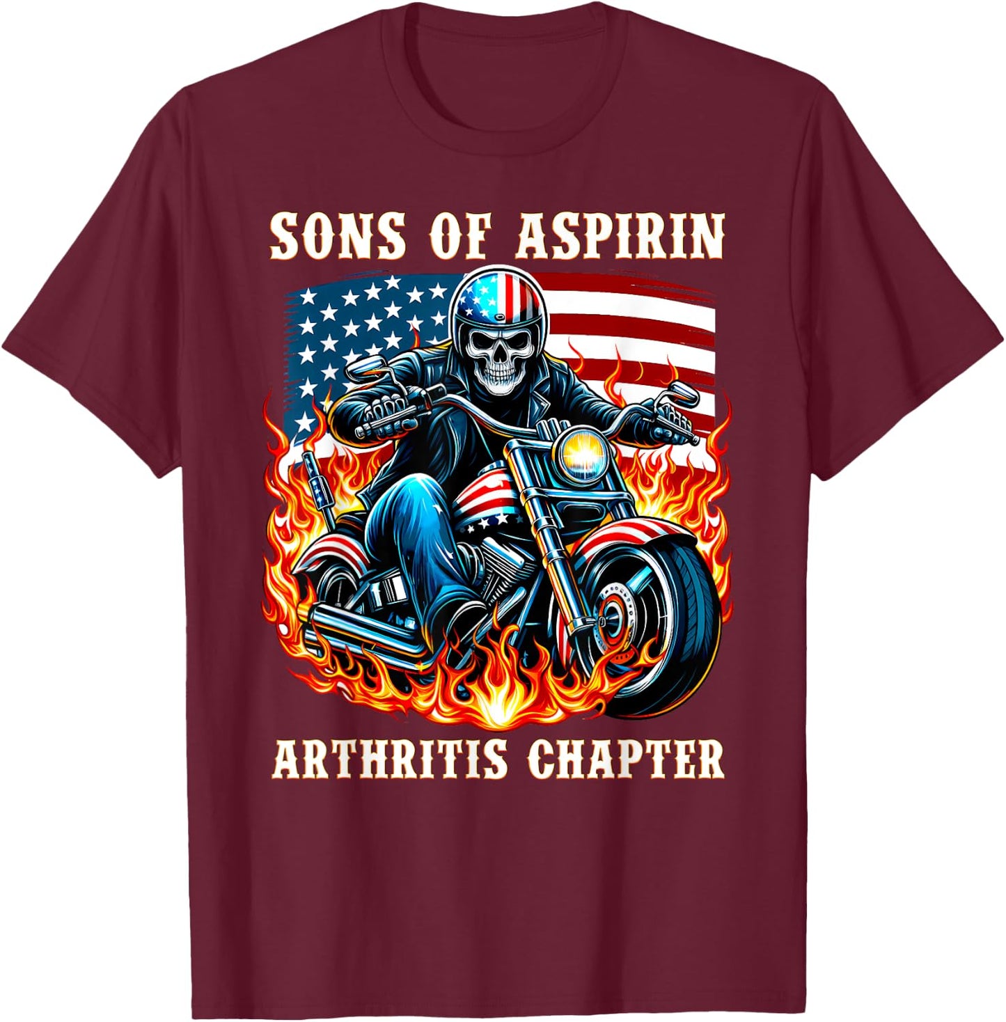 Sons of Aspirin Arthritis Chapter Biker riding a Motorcycle T-Shirt - T-Shirt | Maroon