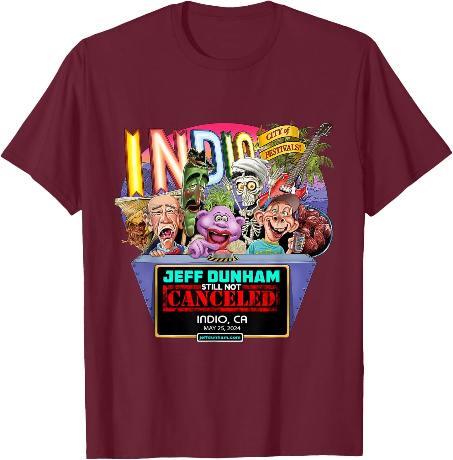 Jeff Dunham Indio, CA (2024) T-Shirt - T-Shirt | Maroon