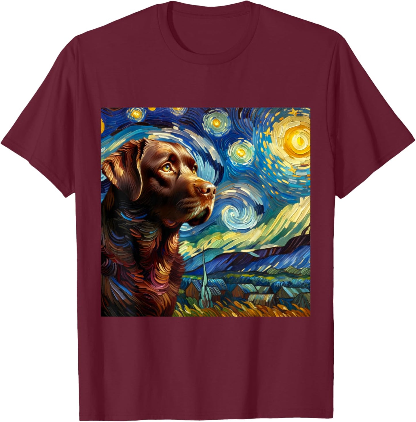 Chocolate Labrador Starry Night Shirt Vincent Van Gogh Lab T-Shirt - T-Shirt | Maroon