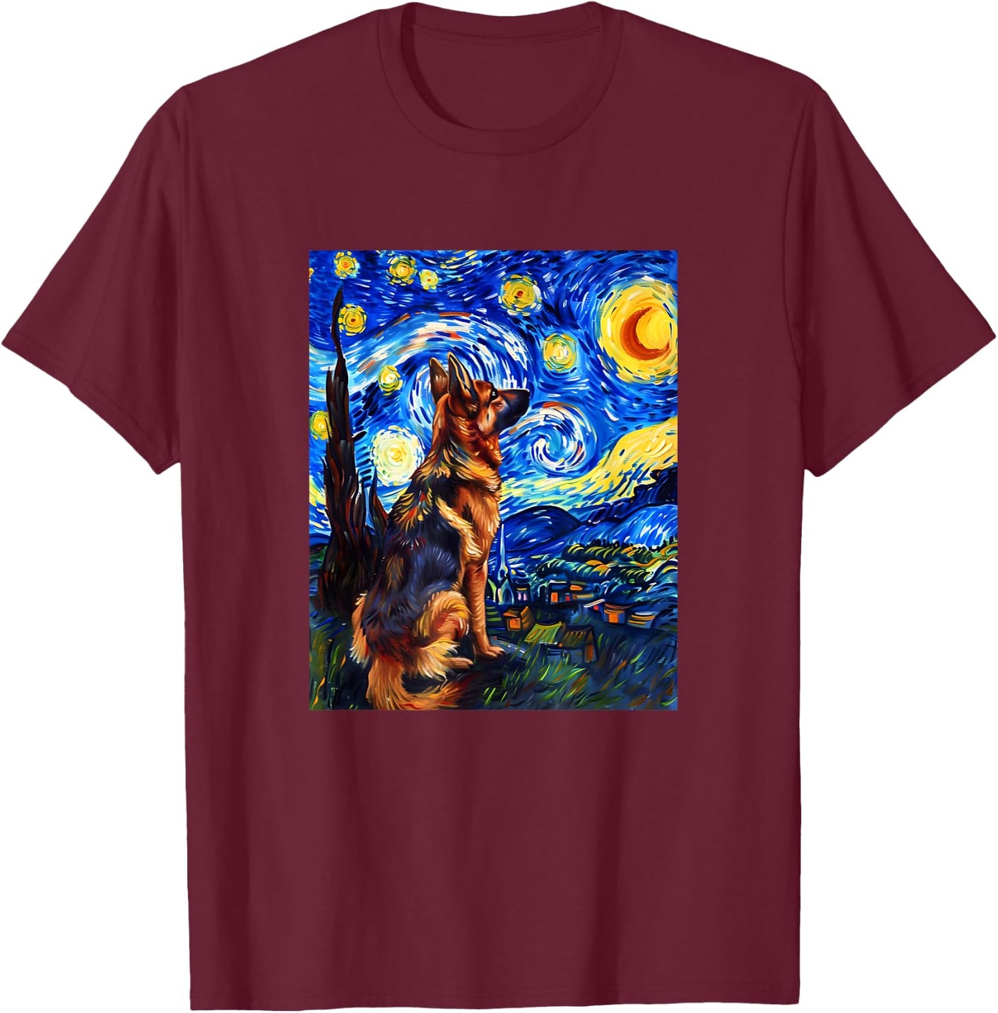 Cute Van Gogh German Shepherd Starry Night Funny Women Men T-Shirt - T-Shirt | Maroon