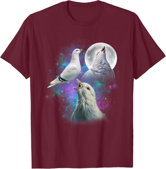 Three White Pigeons Howling At The Moon Funny Pigeon T-Shirt - T-Shirt | Maroon