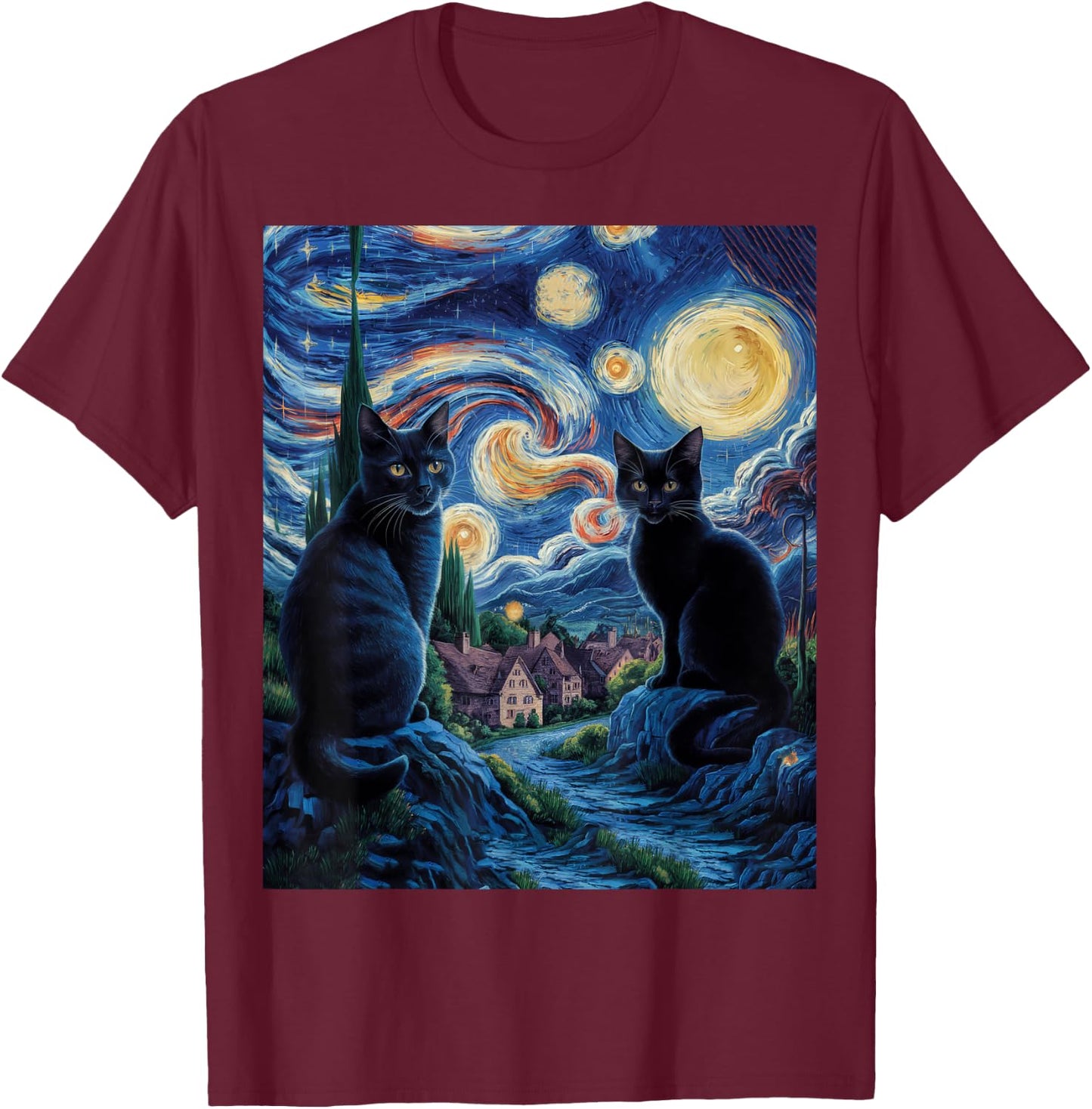 Cats Starry Night Van Gogh, For Cat Lover Cat Mom Cat Dad T-Shirt - T-Shirt | Maroon