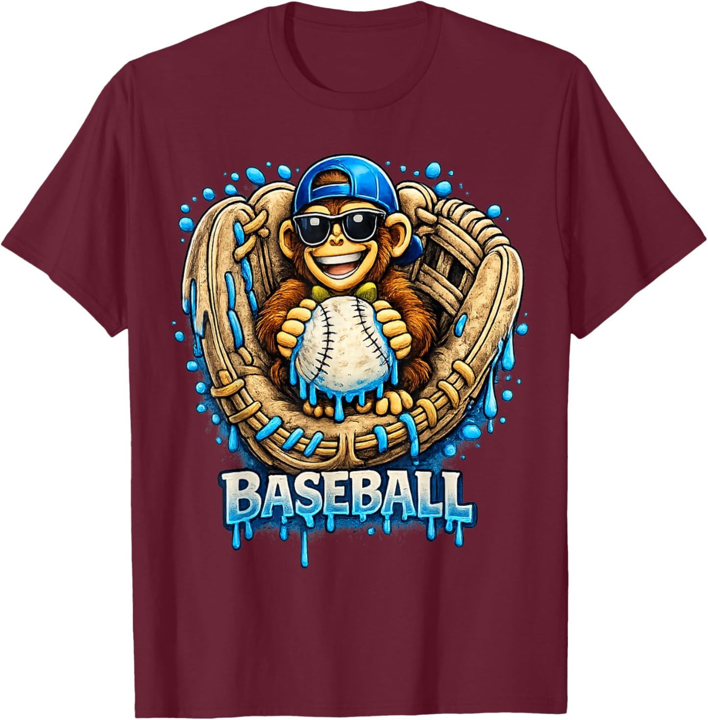 Monkey Funny Animals Baseball Ice Cream Drip Cool T-Shirt - T-Shirt | Maroon