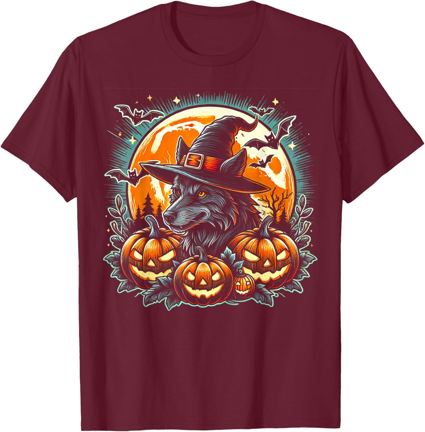 Wolf Witch Halloween - Spooky Pumpkin Art T-Shirt - T-Shirt | Maroon