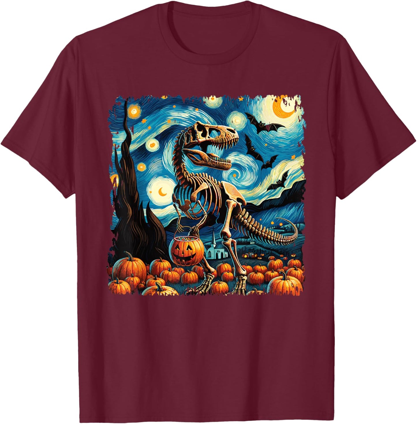 T-Rex Skeleton Halloween Van Gogh Starry Night Fall Pumpkin T-Shirt - T-Shirt | Maroon
