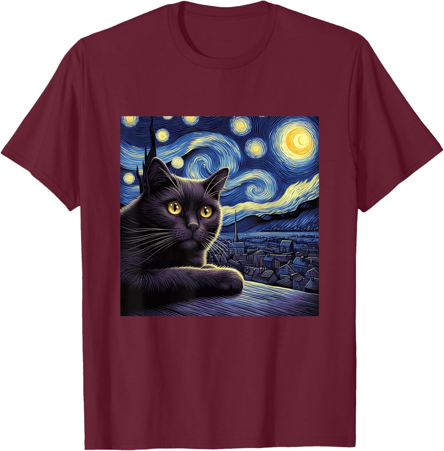 Starry Night Cat Design - Van Gogh Inspired Graphic Men Women Girls Kids T-Shirt - T-Shirt | Maroon