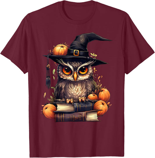 Cottagecore Owl Witch Hat On Book Pumpkin Halloween Costume T-Shirt - T-Shirt | Maroon