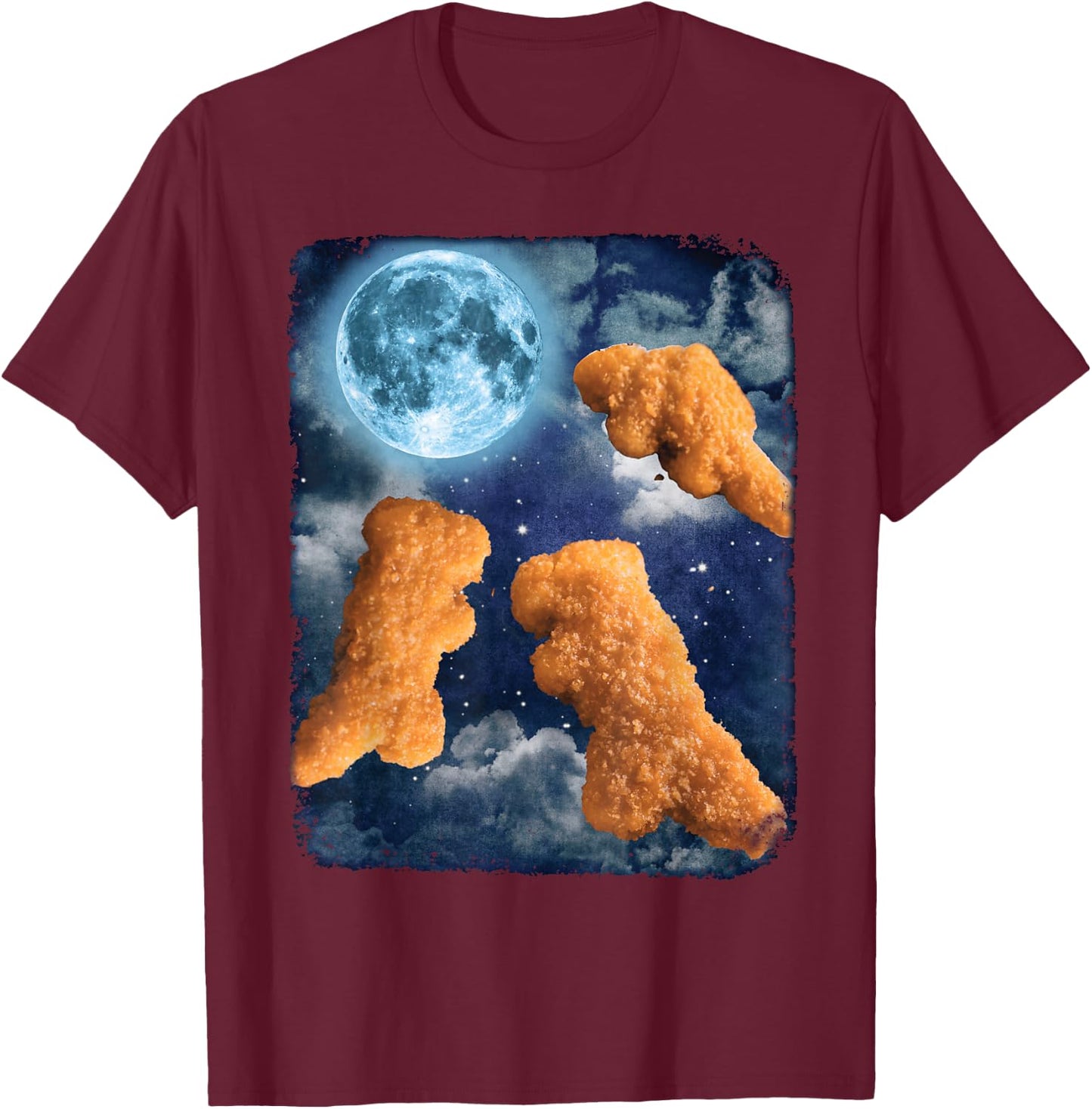 Funny Food Dinosaur Chicken Nuggets Howling At The Moon T-Shirt - T-Shirt | Maroon