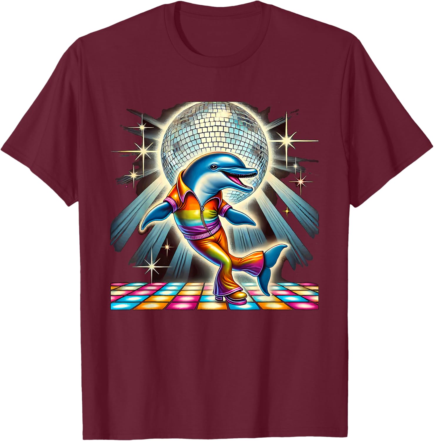 Aesthetic Dolphin Disco T-Shirt - T-Shirt | Maroon
