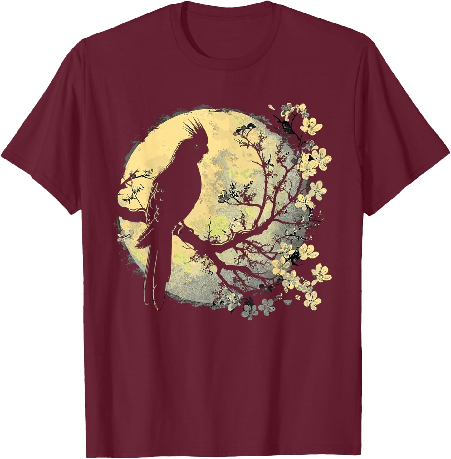 Cockatiel Parrot Lliebhaber Bird Moon and Flowers T-Shirt - T-Shirt | Maroon