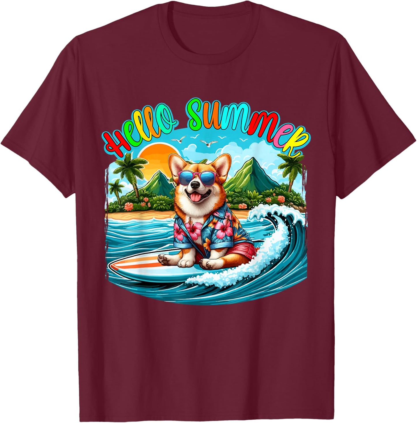 Summer Costume Corgi Sunglasses Surfing On Beach Surfer T-Shirt - T-Shirt | Maroon