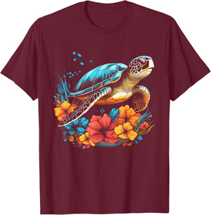 Sea Turtle Hawaiian Flowers Hawaii Diver T-Shirt - T-Shirt | Maroon