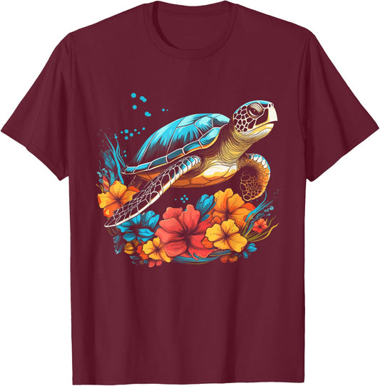 Sea Turtle Hawaiian Flowers Hawaii Diver T-Shirt - T-Shirt | Maroon